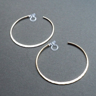 Gold Large Hammered Invisible Clip On Hoop Earrings - Miyabi Grace
