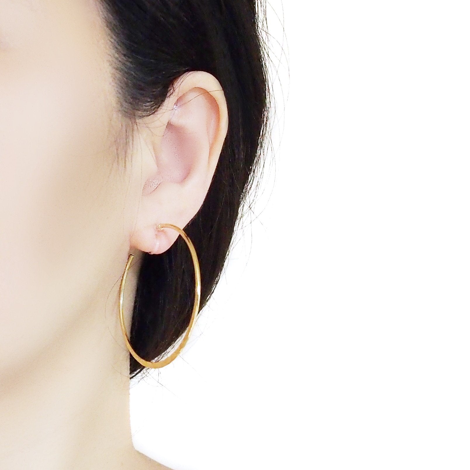 Gold Large Hammered Invisible Clip On Hoop Earrings - Miyabi Grace