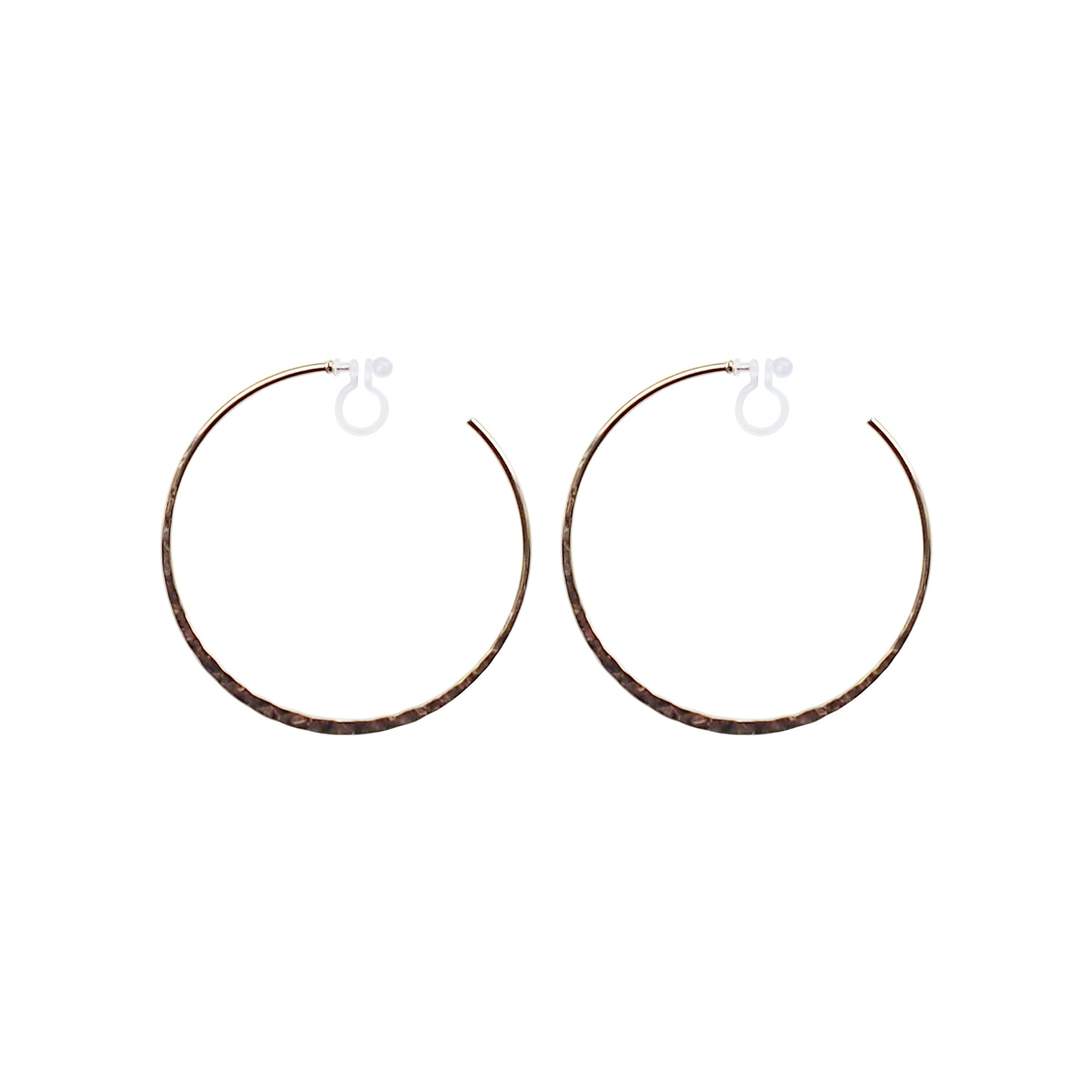 Gold Large Hammered Invisible Clip On Hoop Earrings - Miyabi Grace
