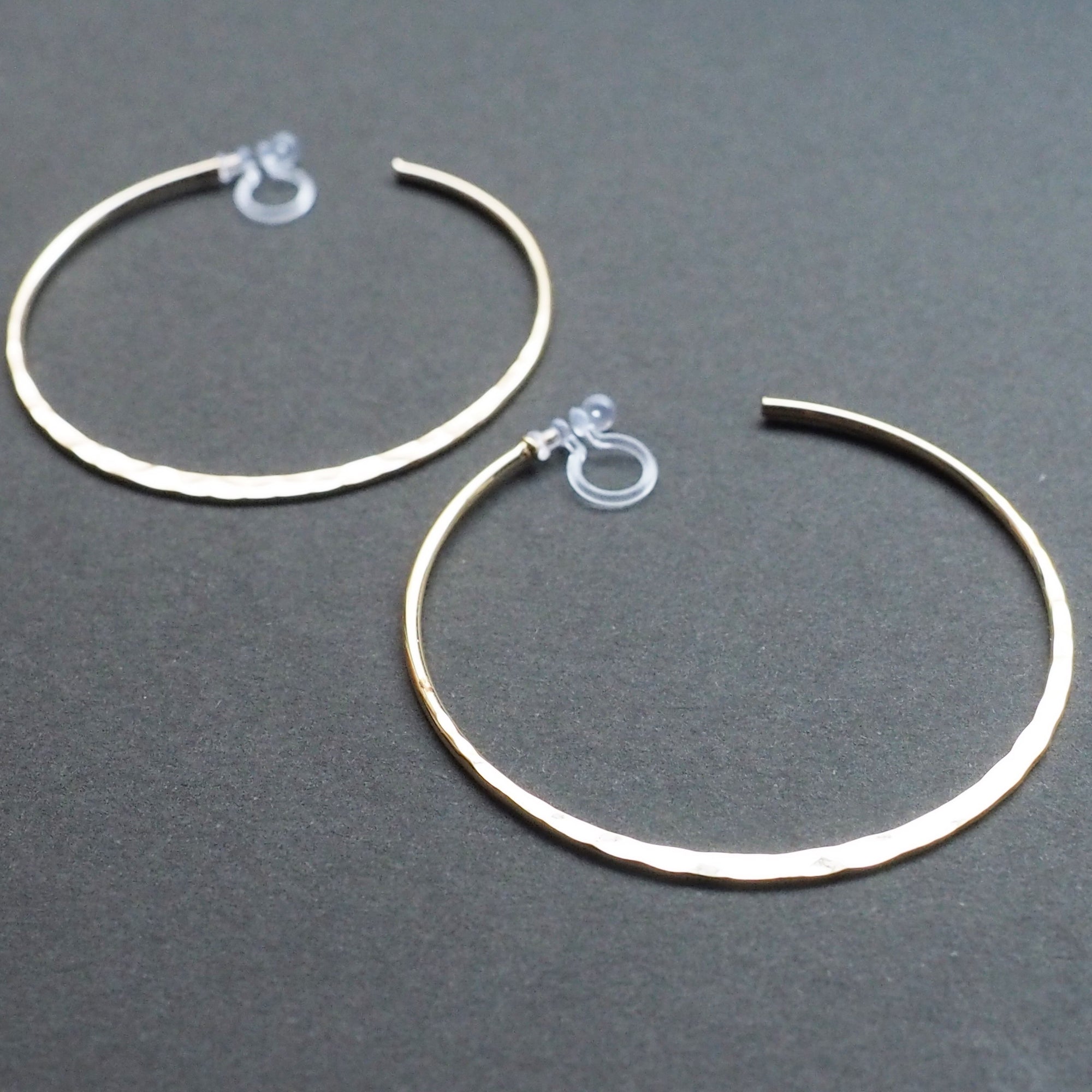 Gold Large Hammered Invisible Clip On Hoop Earrings - Miyabi Grace