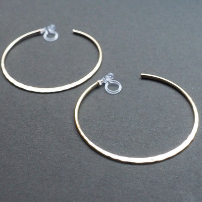 Gold Large Hammered Invisible Clip On Hoop Earrings - Miyabi Grace