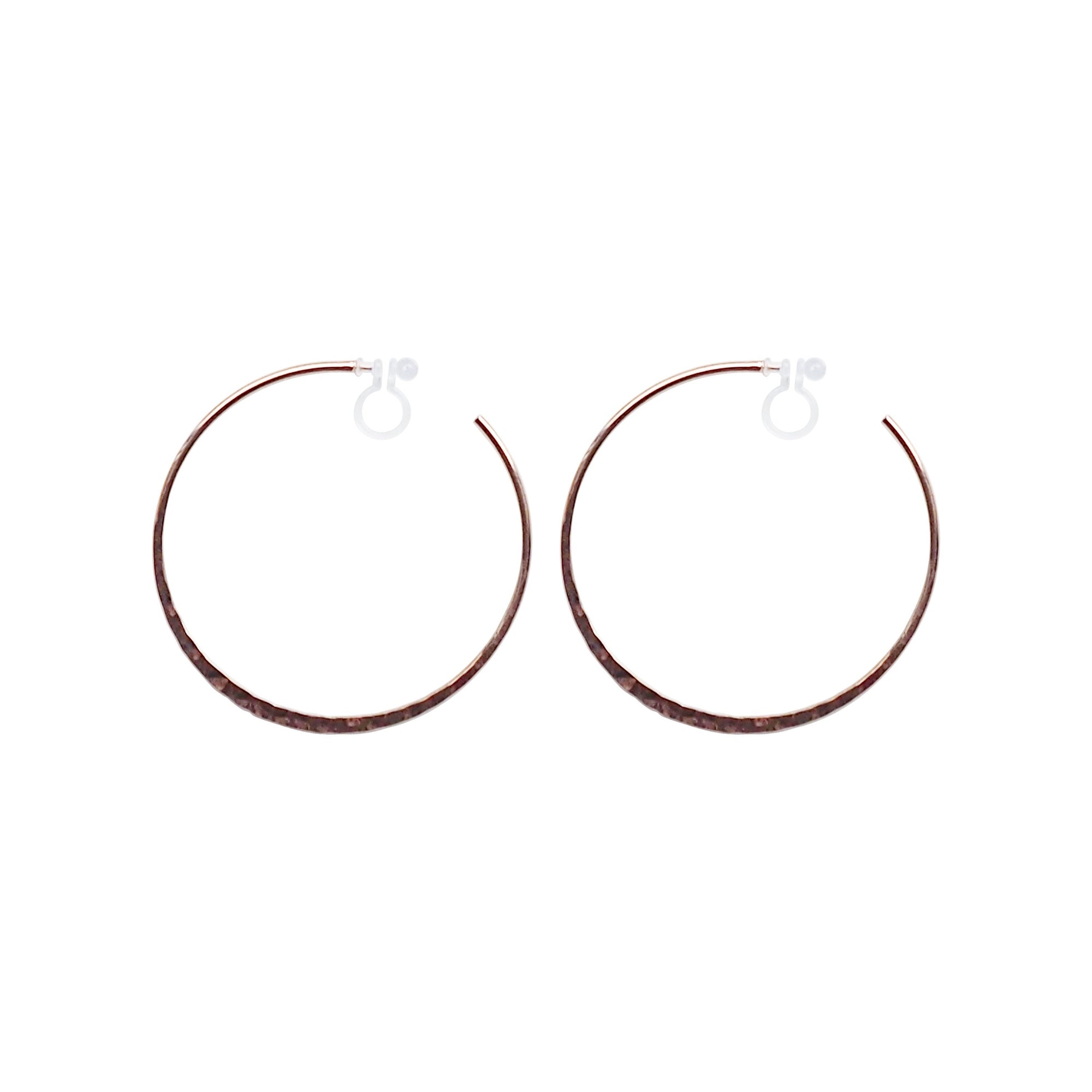 Rose Gold Large Hammered Invisible Clip On Hoop Earrings - Miyabi Grace