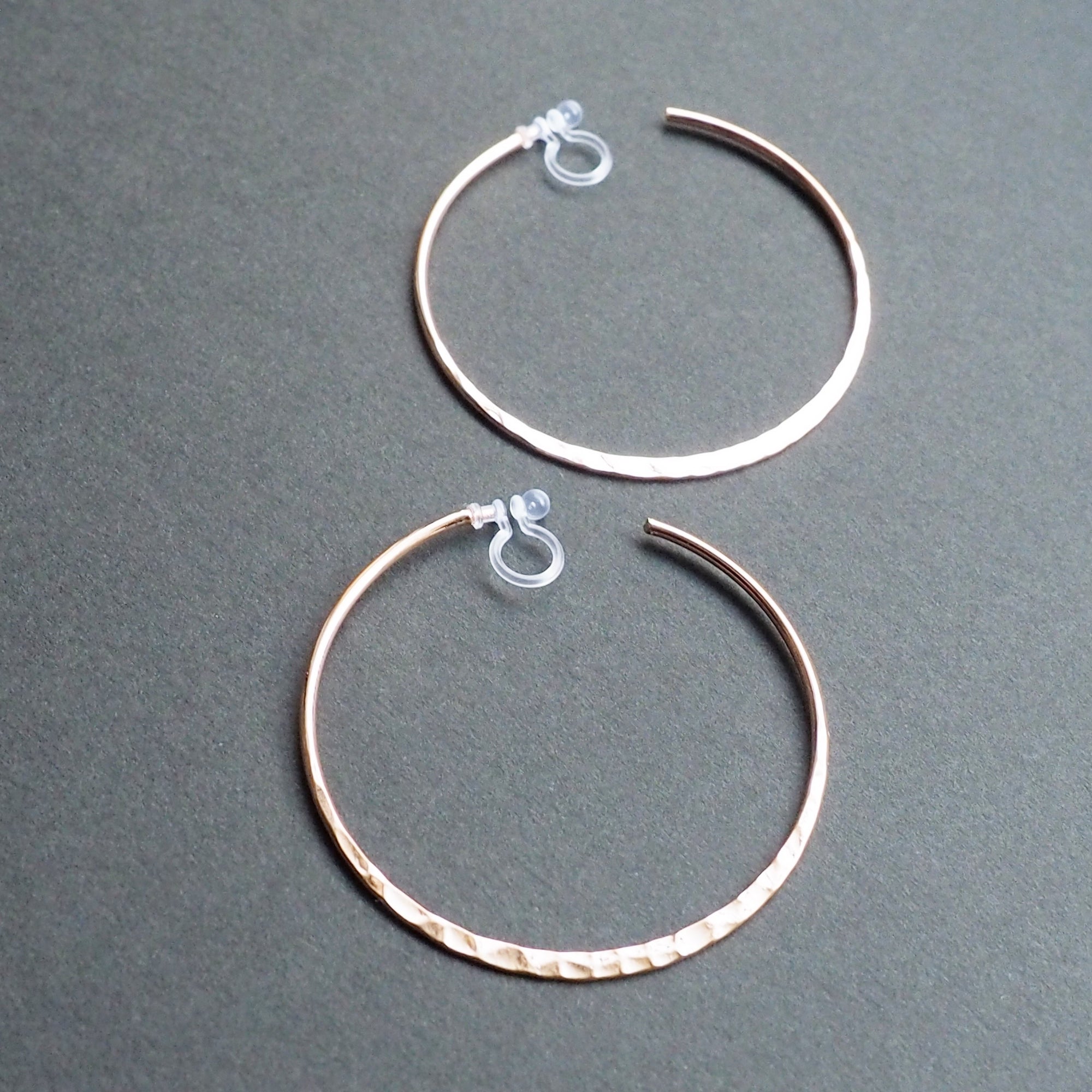 Rose Gold Large Hammered Invisible Clip On Hoop Earrings - Miyabi Grace