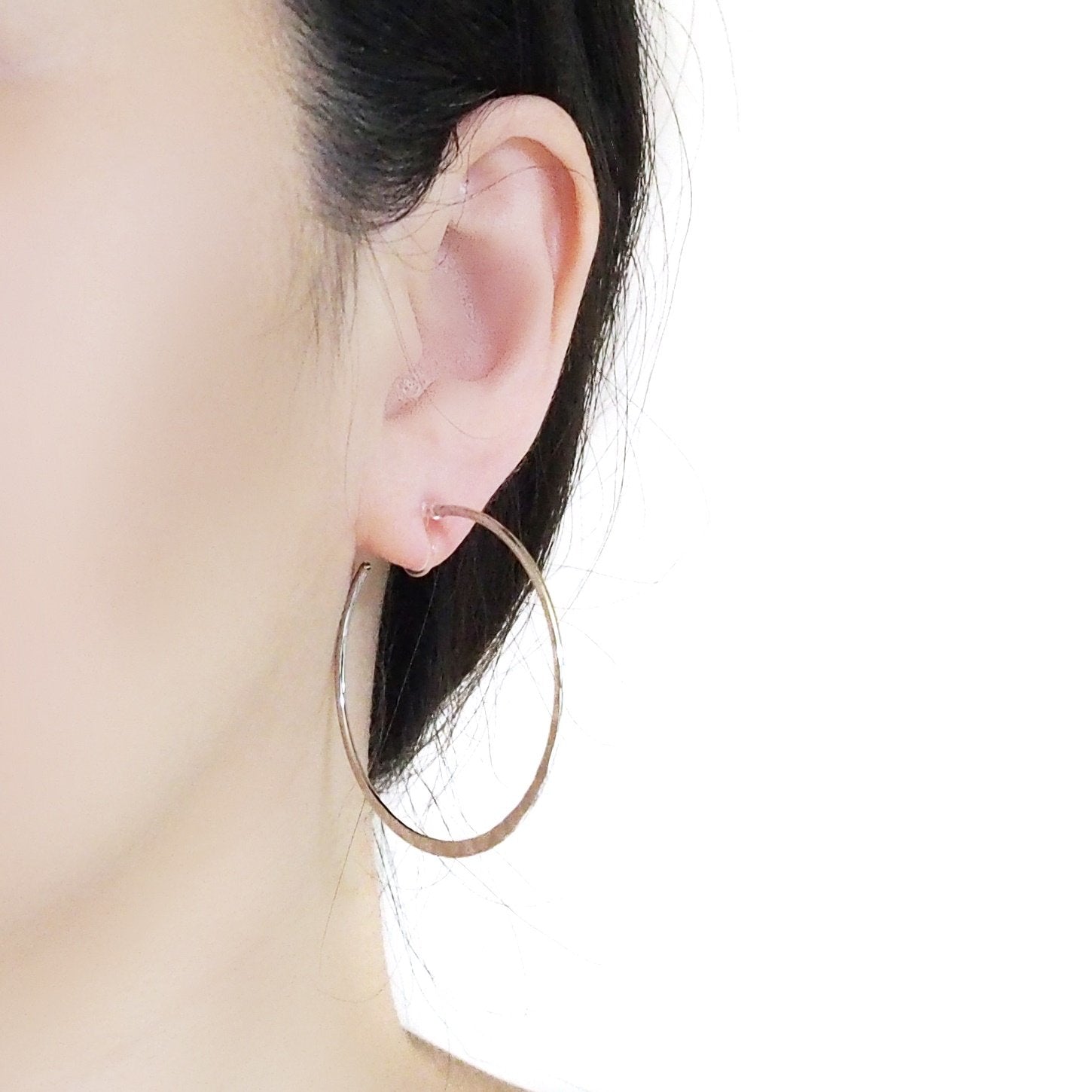 Silver Large Hammered Invisible Clip On Hoop Earrings - Miyabi Grace