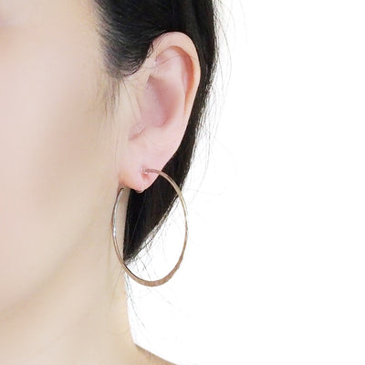 Silver Large Hammered Invisible Clip On Hoop Earrings - Miyabi Grace