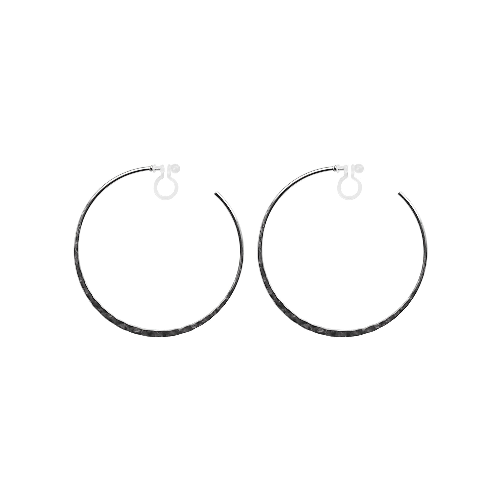 Silver Large Hammered Invisible Clip On Hoop Earrings - Miyabi Grace