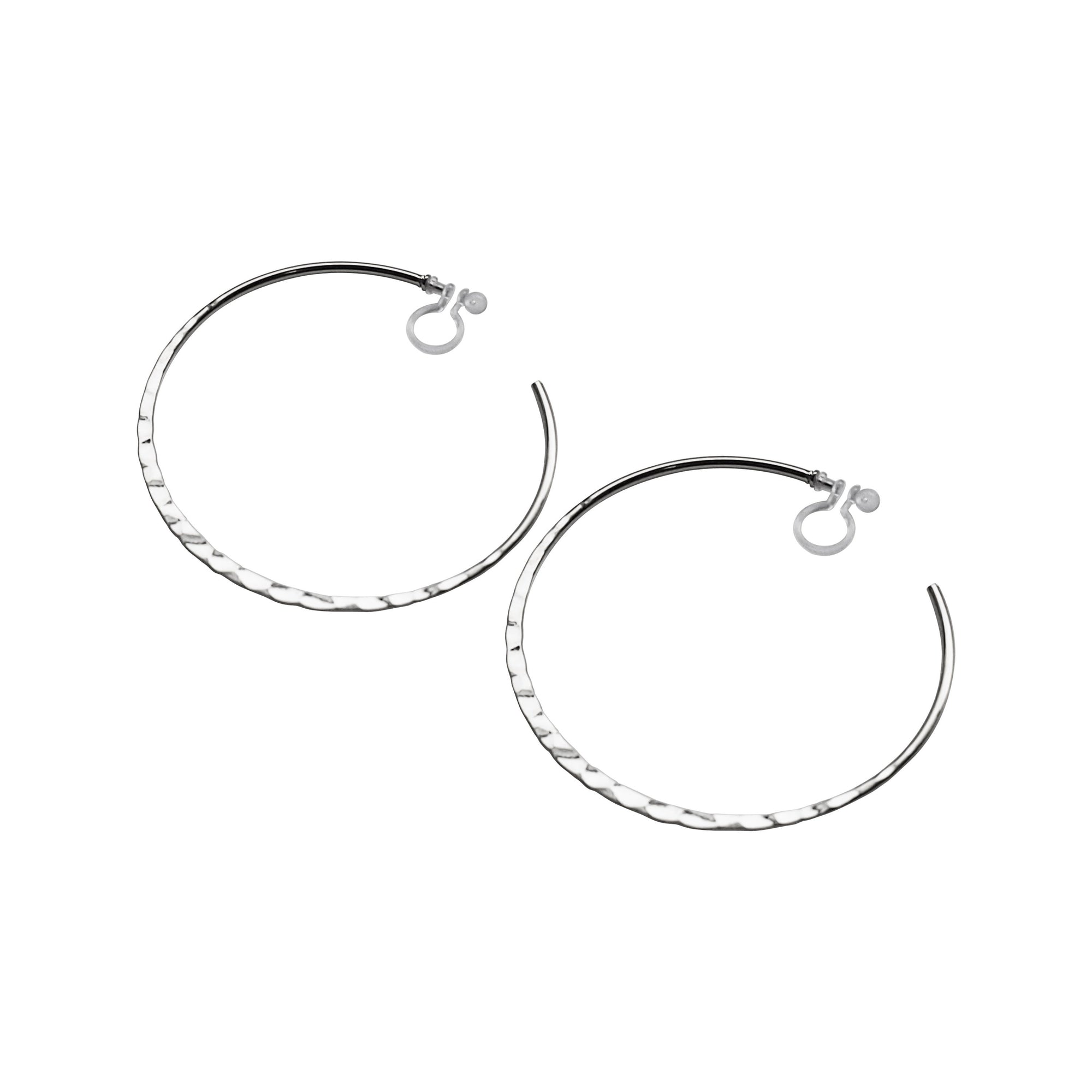 Silver Large Hammered Invisible Clip On Hoop Earrings - Miyabi Grace