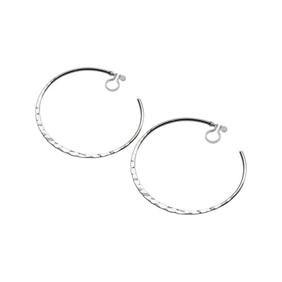 Silver Large Hammered Invisible Clip On Hoop Earrings - Miyabi Grace