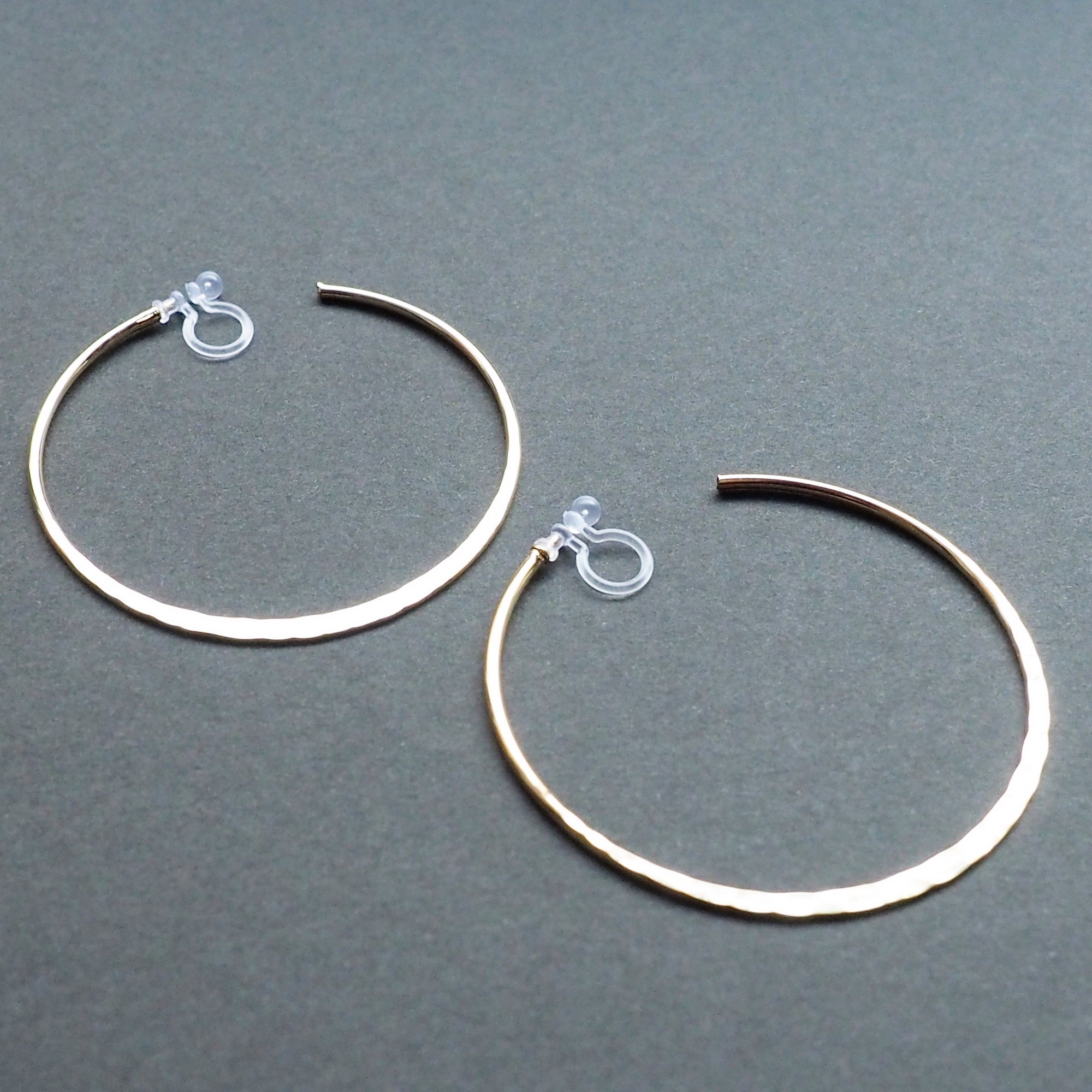 Silver Large Hammered Invisible Clip On Hoop Earrings - Miyabi Grace