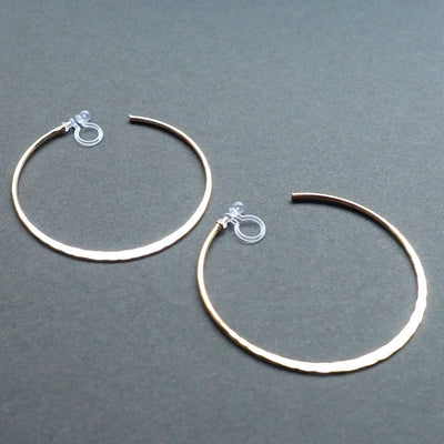 Silver Large Hammered Invisible Clip On Hoop Earrings - Miyabi Grace