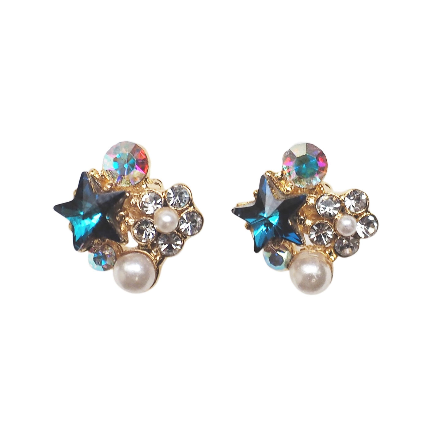 Star Swarovski Crystal Rhinestone & White Pearl Invisible Clip on Stud Earrings ( Bermuda Blue )