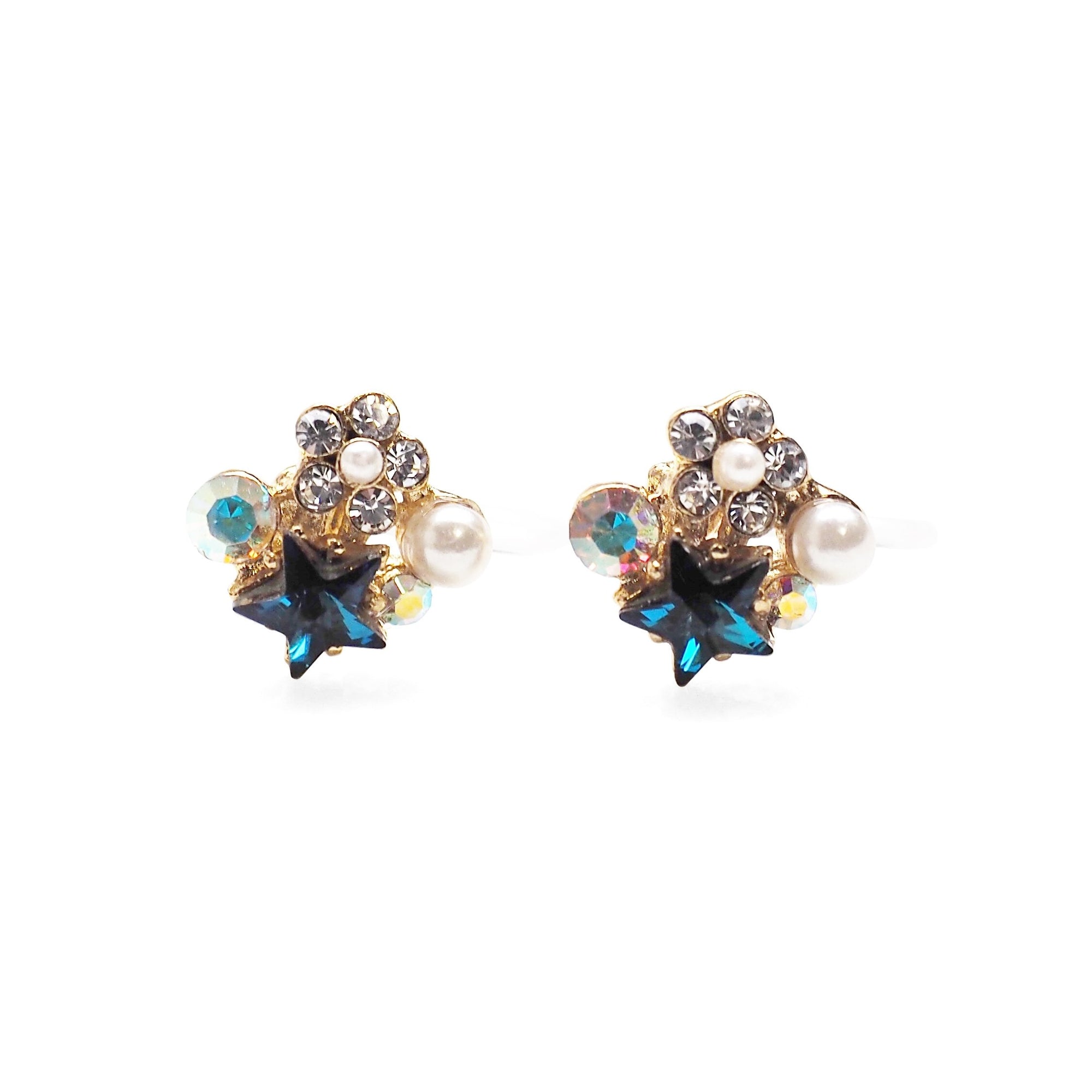 Star Swarovski Crystal Rhinestone & White Pearl Invisible Clip on Stud Earrings ( Bermuda Blue ) - Miyabi Grace