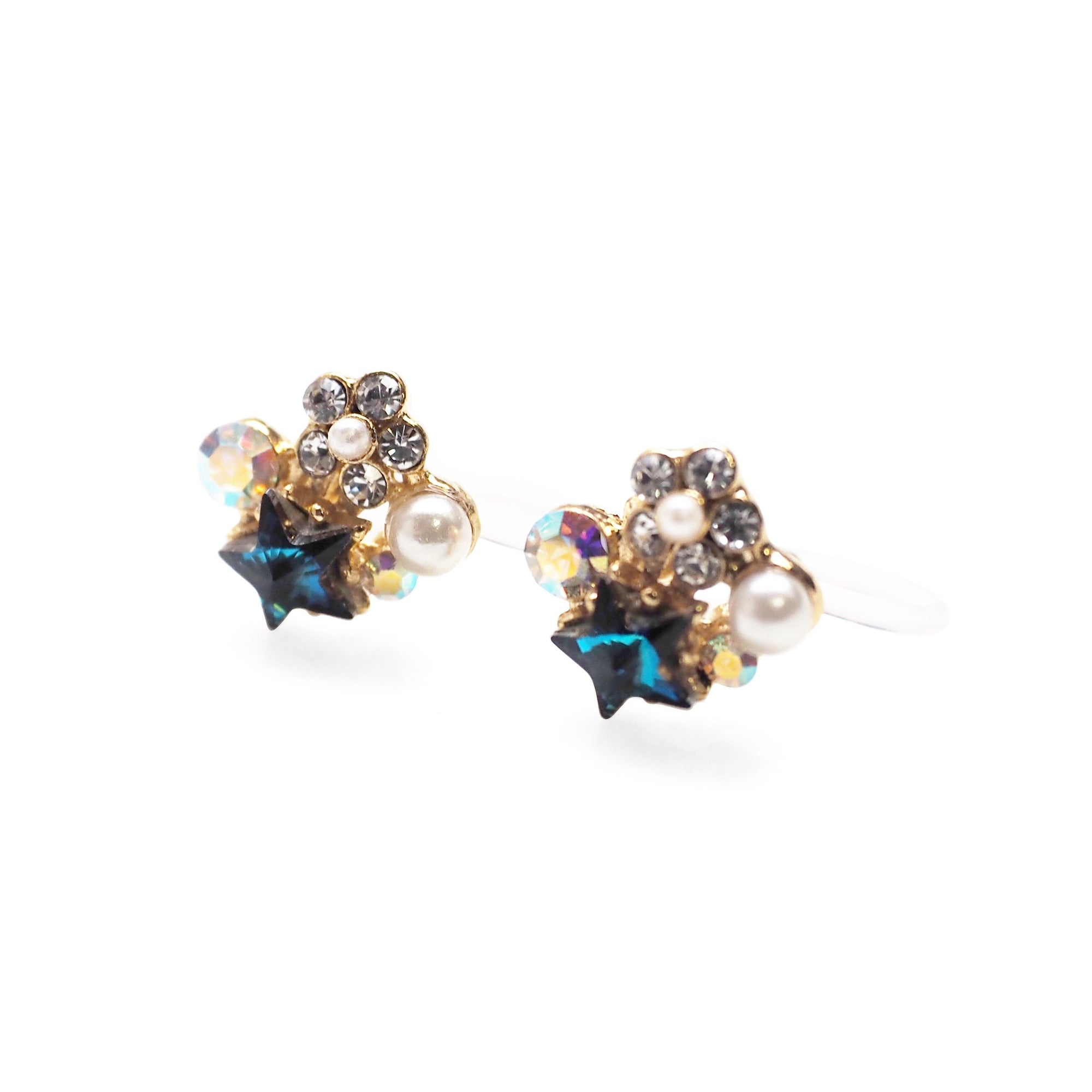 Star Swarovski Crystal Rhinestone & White Pearl Invisible Clip on Stud Earrings ( Bermuda Blue ) - Miyabi Grace