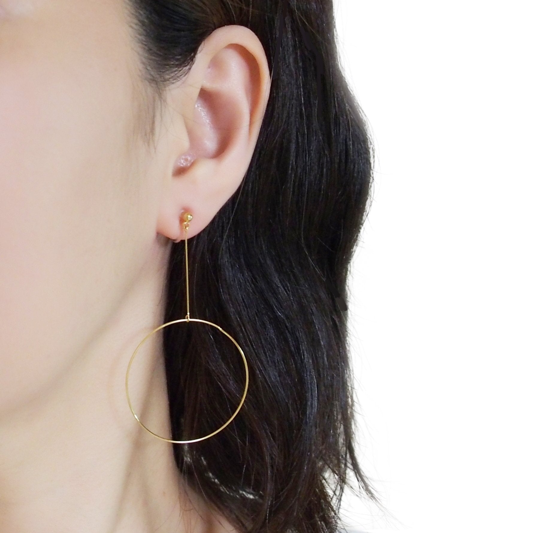 Dangle Gold Circle Hoop Invisible Clip On Earrings - Miyabi Grace