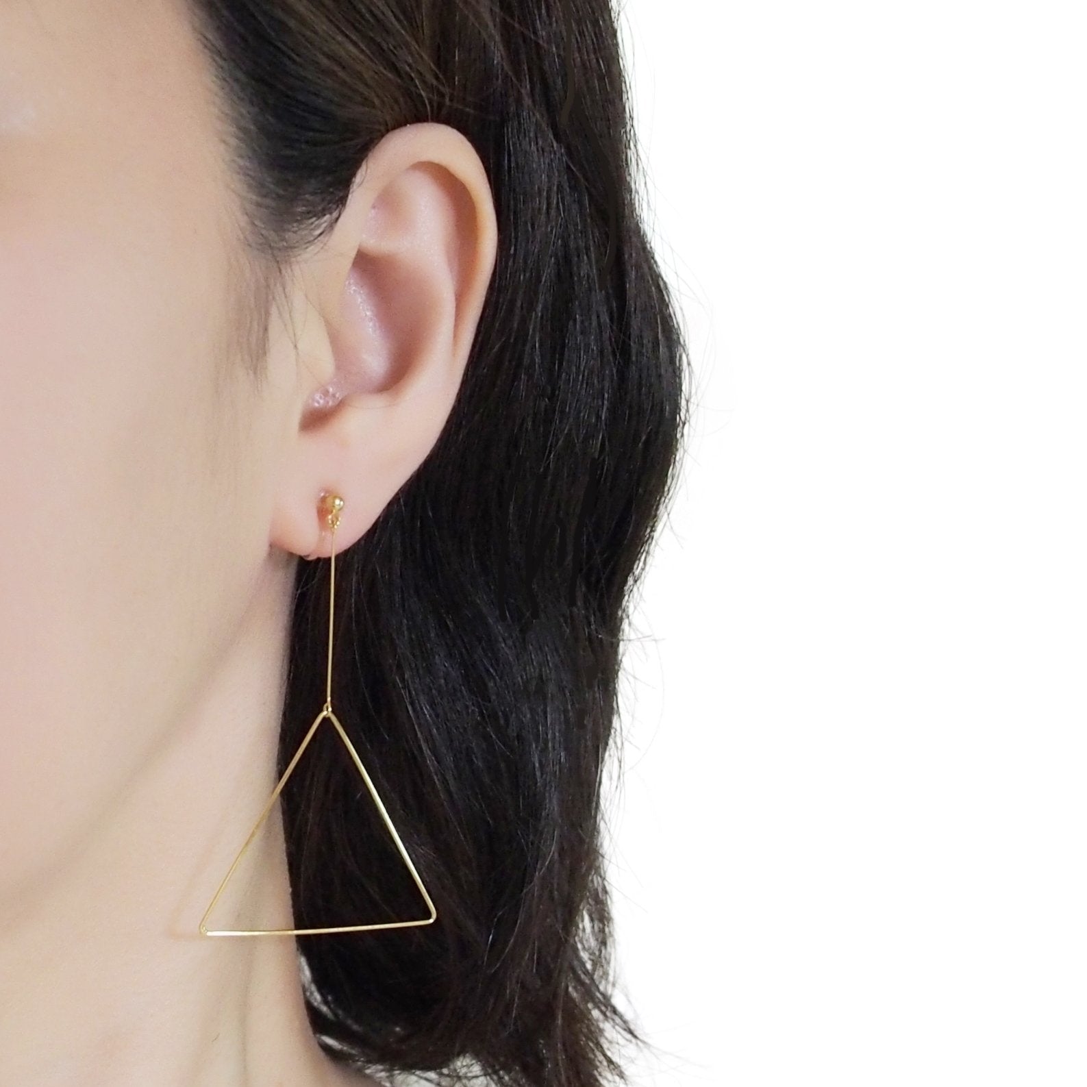 Dangle Gold Triangle Hoop Invisible Clip On Earrings - Miyabi Grace