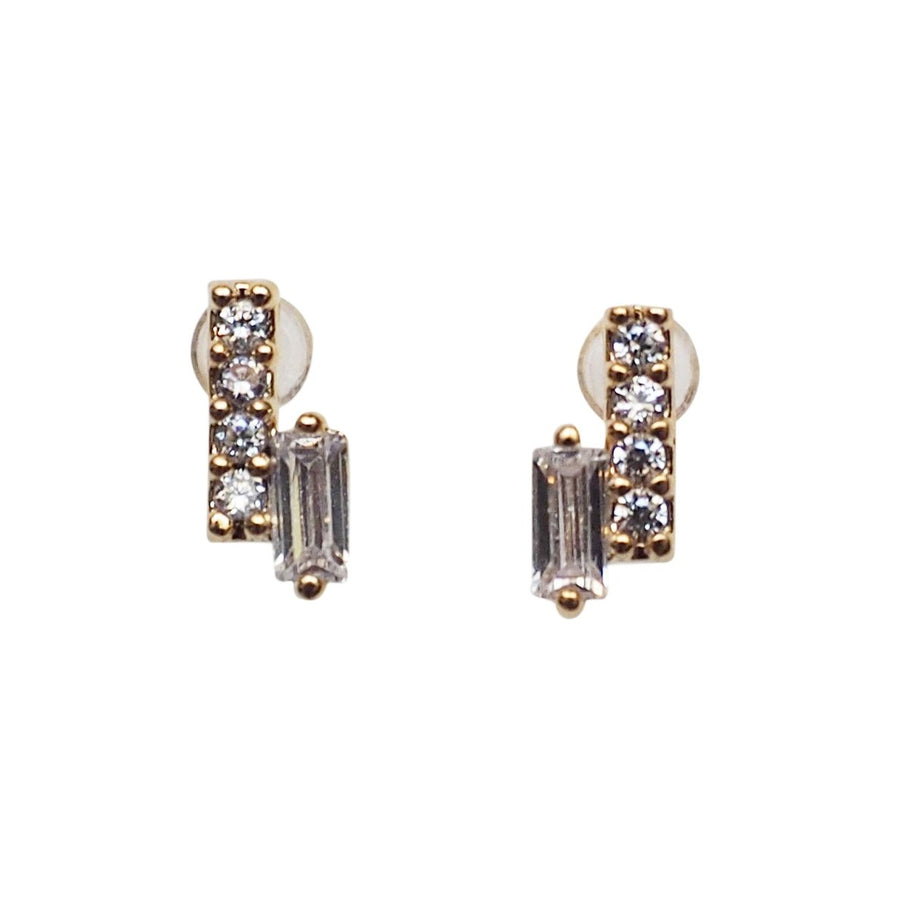 Cubic Zirconia Crystal Bar Invisible Clip On Stud Earrings ( Gold tone ) - Miyabi Grace