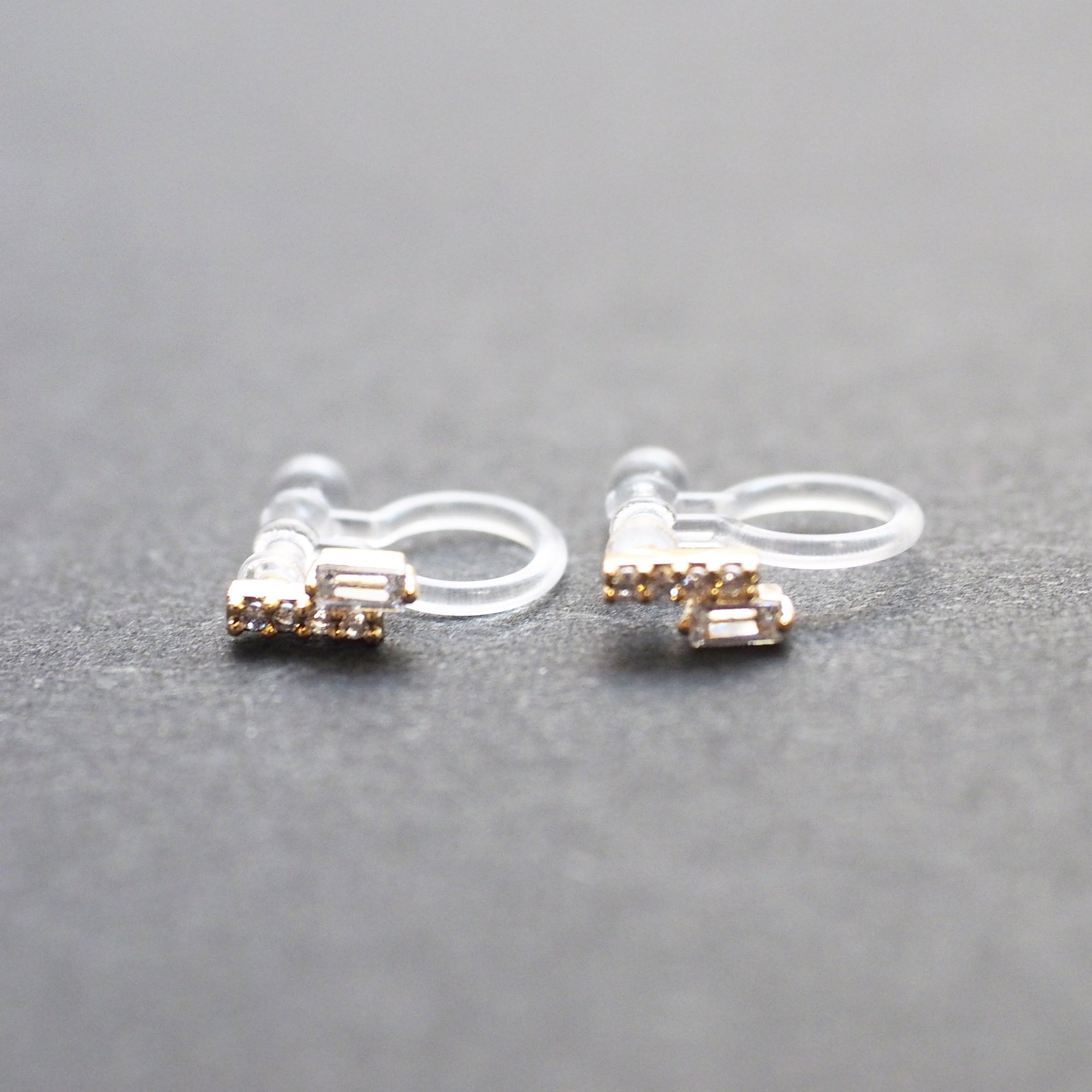 Cubic Zirconia Crystal Bar Invisible Clip On Stud Earrings ( Gold tone ) - Miyabi Grace