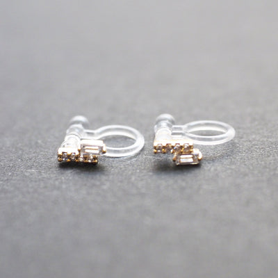 Cubic Zirconia Crystal Bar Invisible Clip On Stud Earrings ( Gold tone ) - Miyabi Grace