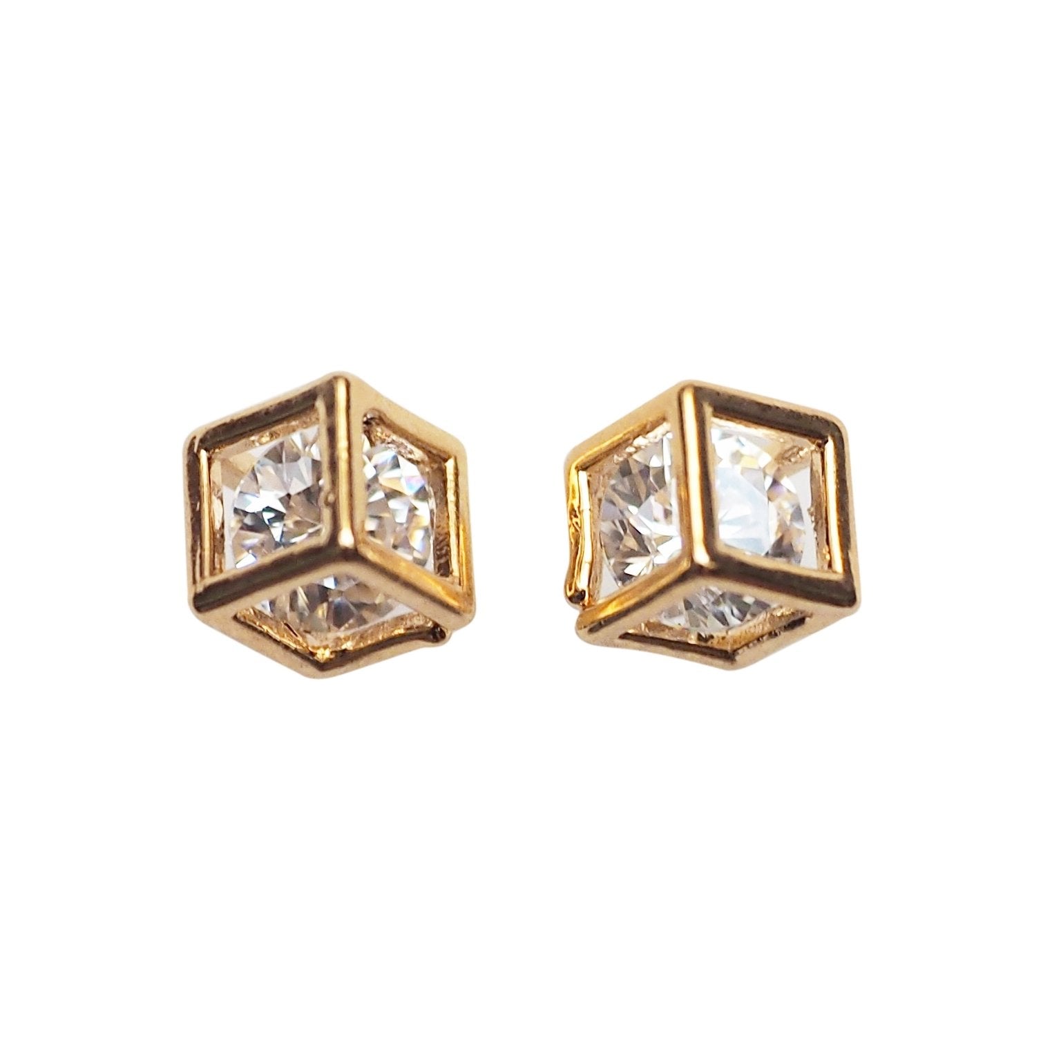 Cubic Zirconia Crystal In Cube Invisible Clip On Stud Earrings ( Gold tone ) - Miyabi Grace