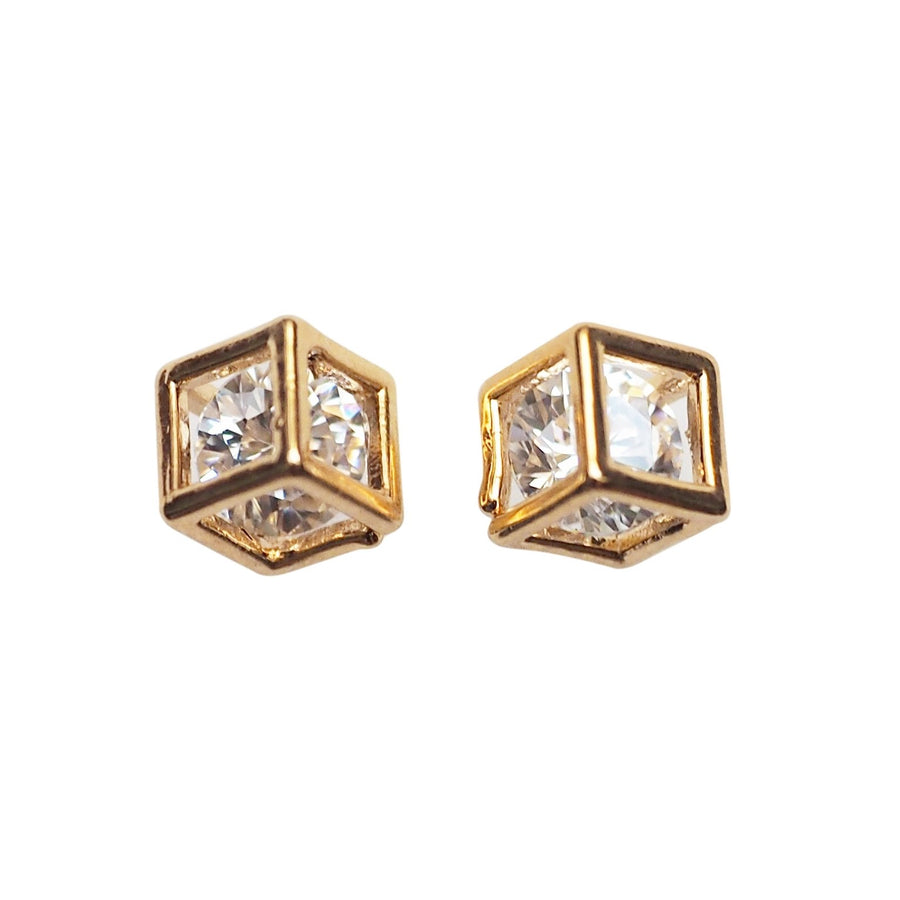 Cubic Zirconia Crystal In Cube Invisible Clip On Stud Earrings ( Gold tone ) - Miyabi Grace