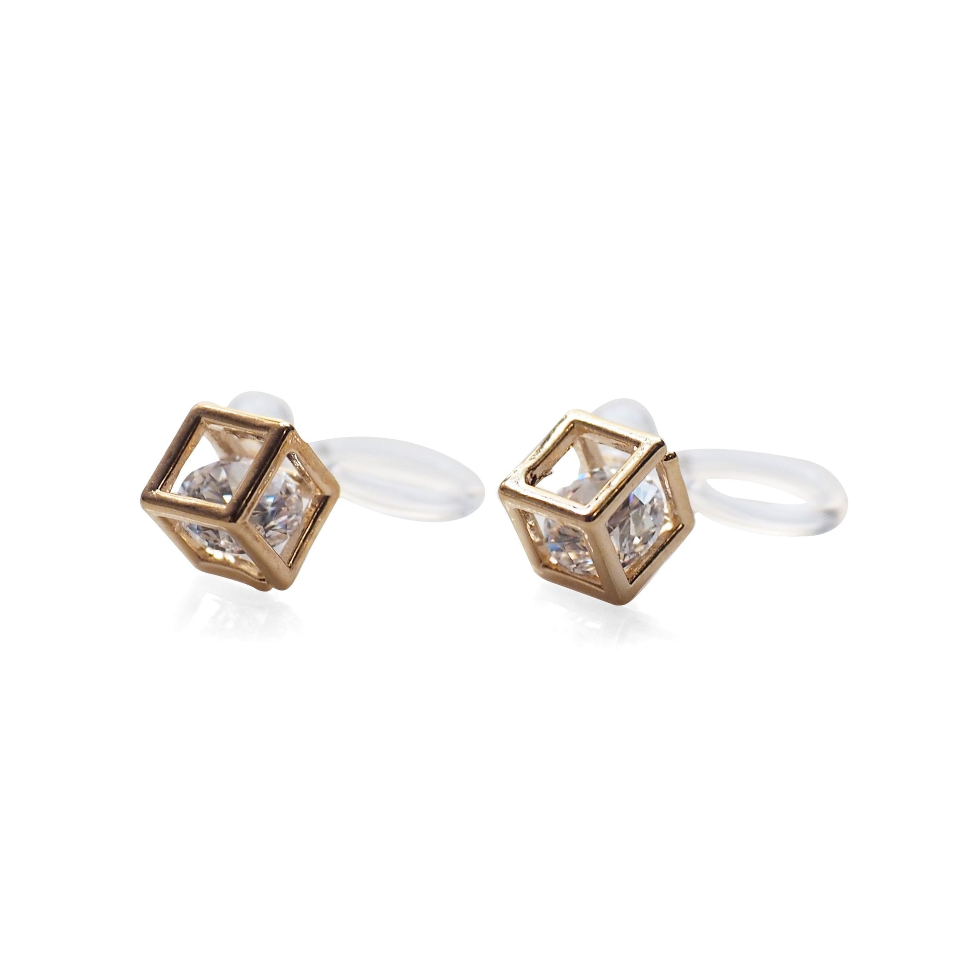 Cubic Zirconia Crystal In Cube Invisible Clip On Stud Earrings ( Gold tone ) - Miyabi Grace
