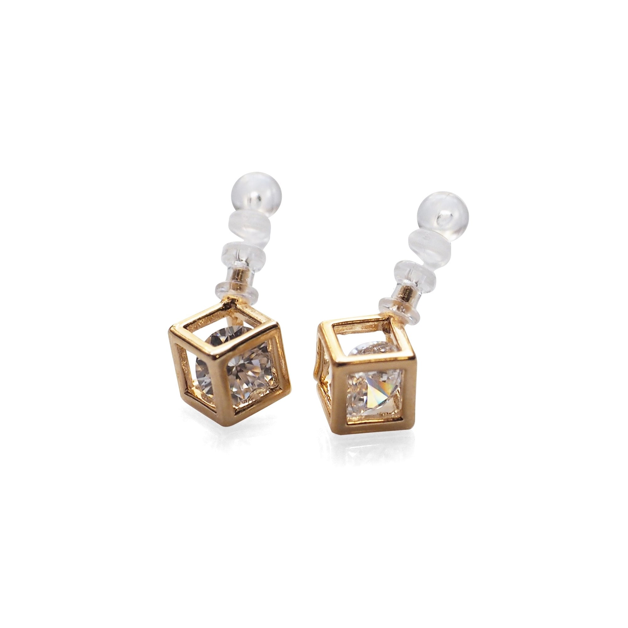 Cubic Zirconia Crystal In Cube Invisible Clip On Stud Earrings ( Gold tone ) - Miyabi Grace