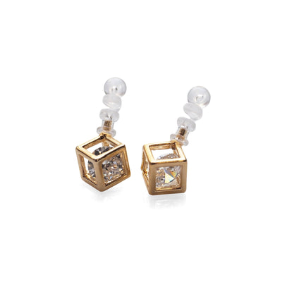 Cubic Zirconia Crystal In Cube Invisible Clip On Stud Earrings ( Gold tone ) - Miyabi Grace