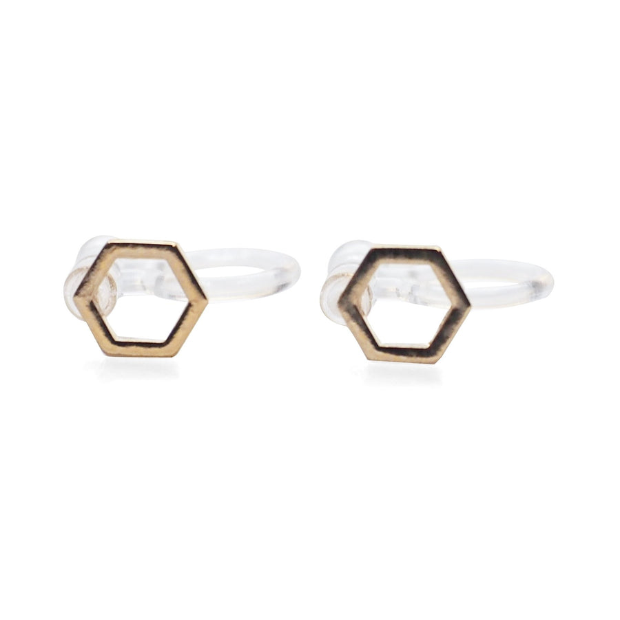 Hexagon Invisible Clip On Stud Earrings ( Gold tone ) - Miyabi Grace