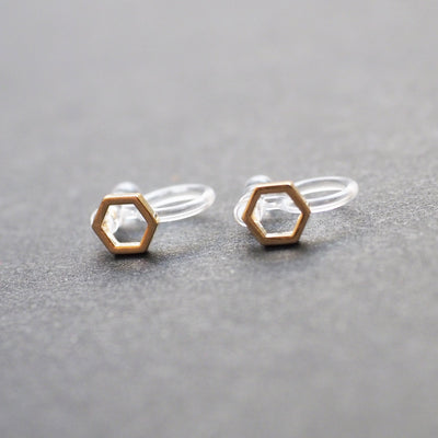 Hexagon Invisible Clip On Stud Earrings ( Gold tone ) - Miyabi Grace