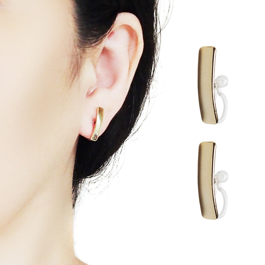 Gold Curved Short Bar Invisible Clip On Stud Earrings