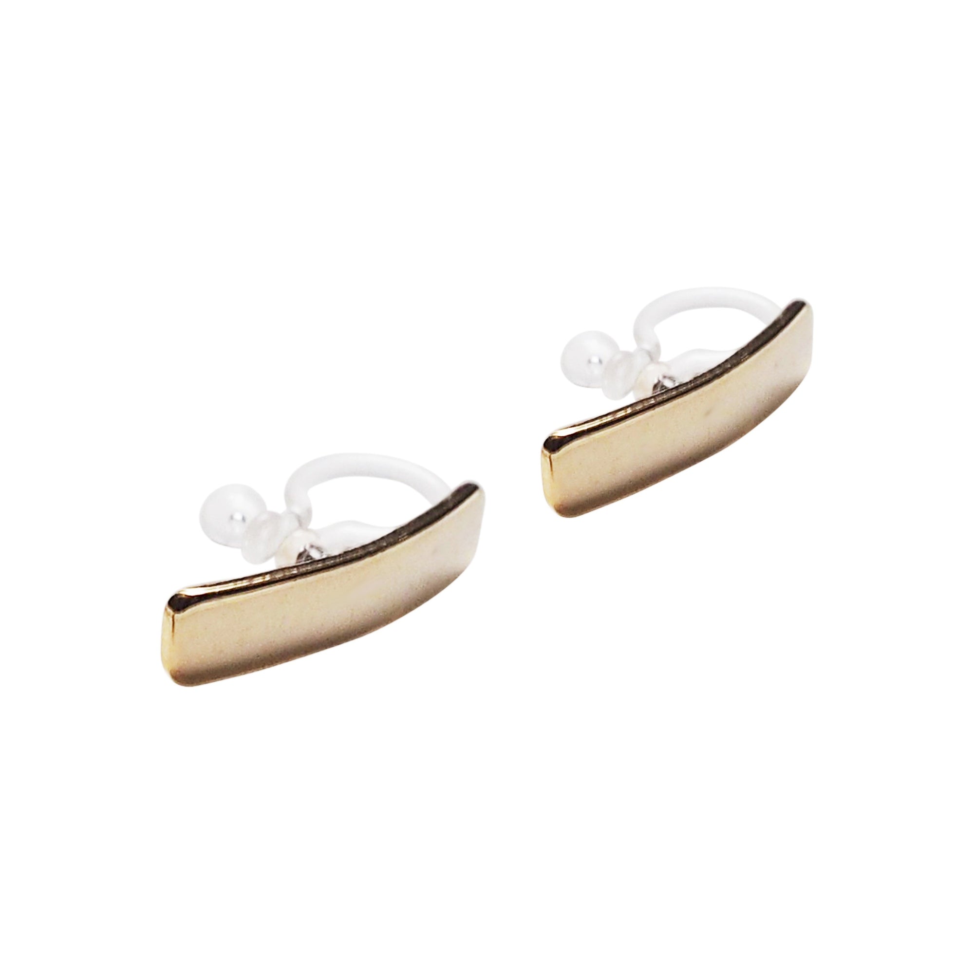 Gold Curved Short Bar Invisible Clip On Stud Earrings