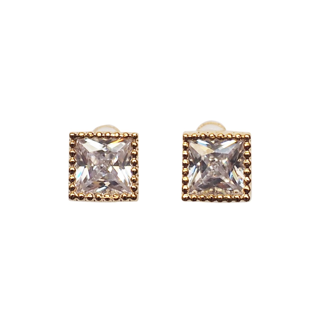 Square Cubic Zirconia Crystal Invisible Clip On Stud Earrings ( Gold tone ) - Miyabi Grace