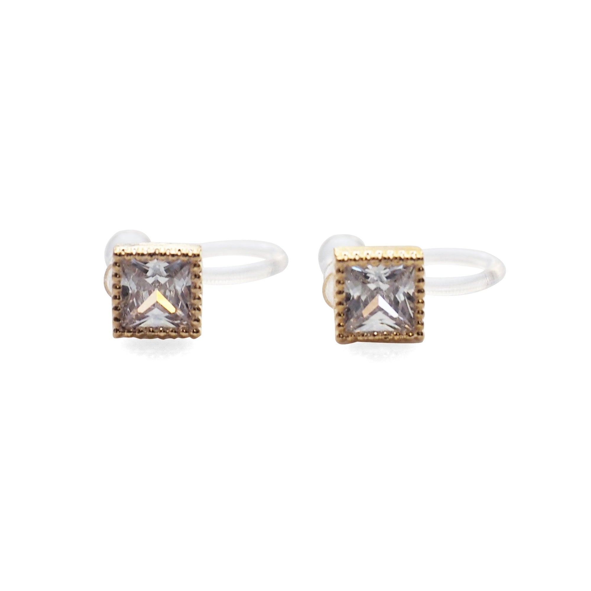 Square Cubic Zirconia Crystal Invisible Clip On Stud Earrings ( Gold tone ) - Miyabi Grace
