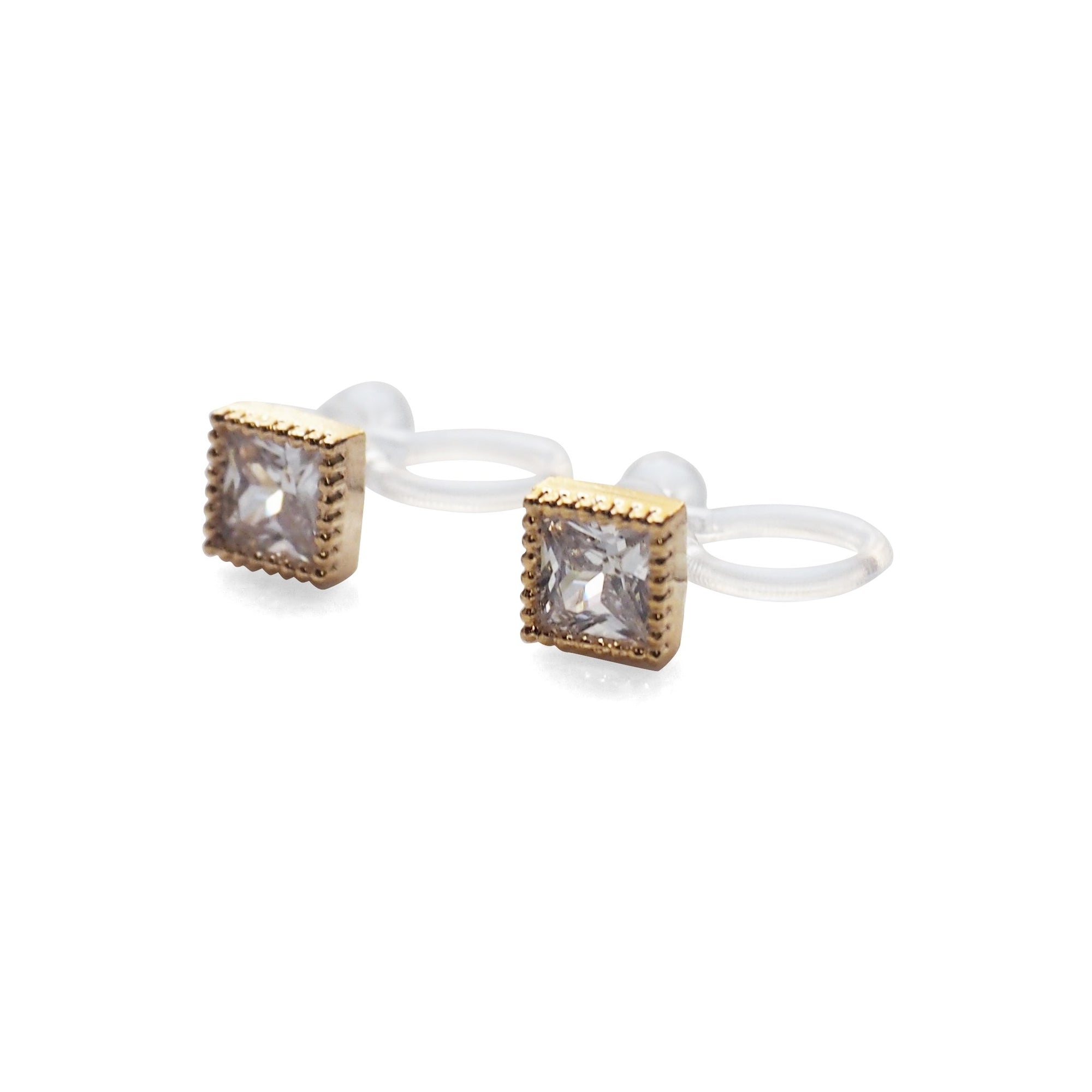Square Cubic Zirconia Crystal Invisible Clip On Stud Earrings ( Gold tone ) - Miyabi Grace