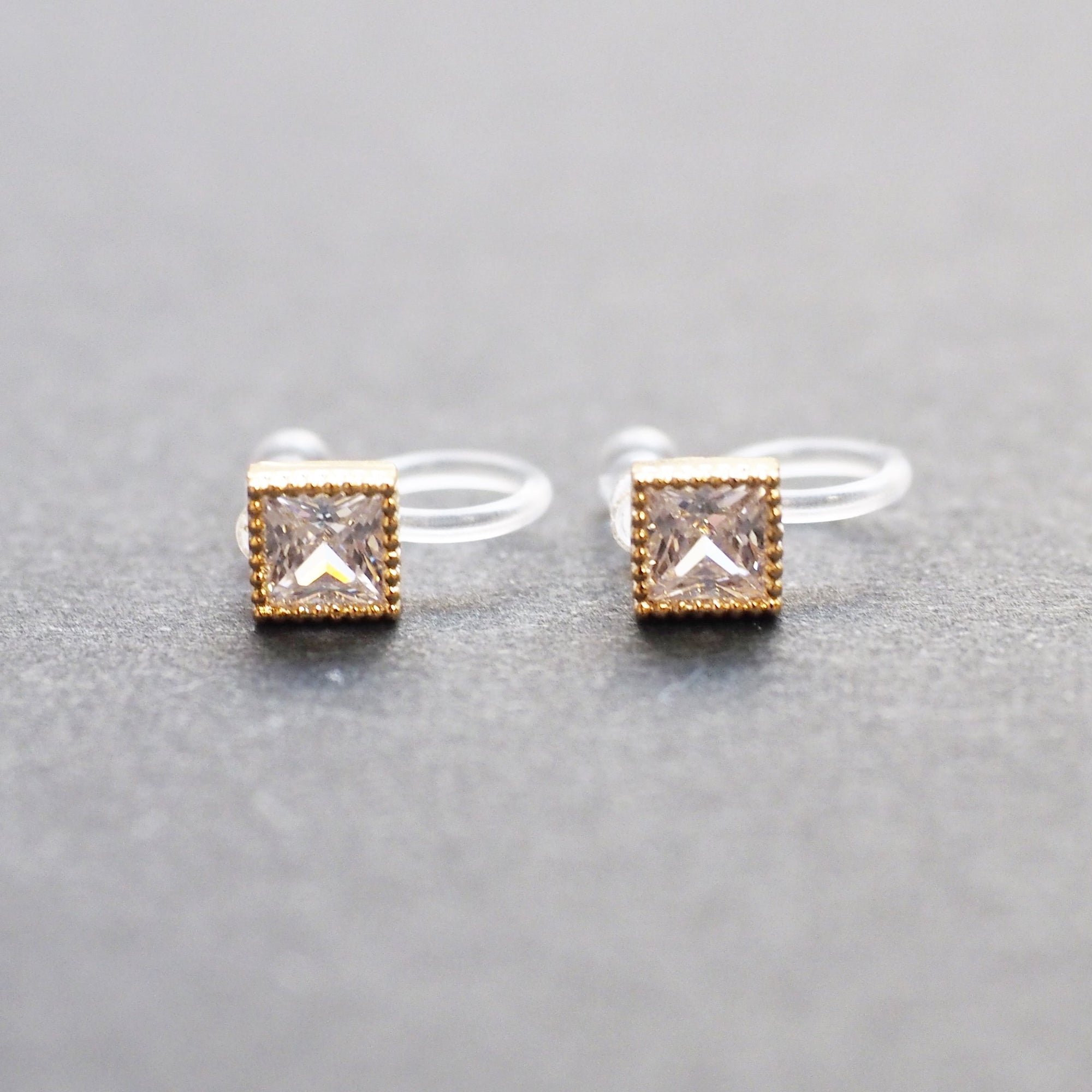 Square Cubic Zirconia Crystal Invisible Clip On Stud Earrings ( Gold tone ) - Miyabi Grace