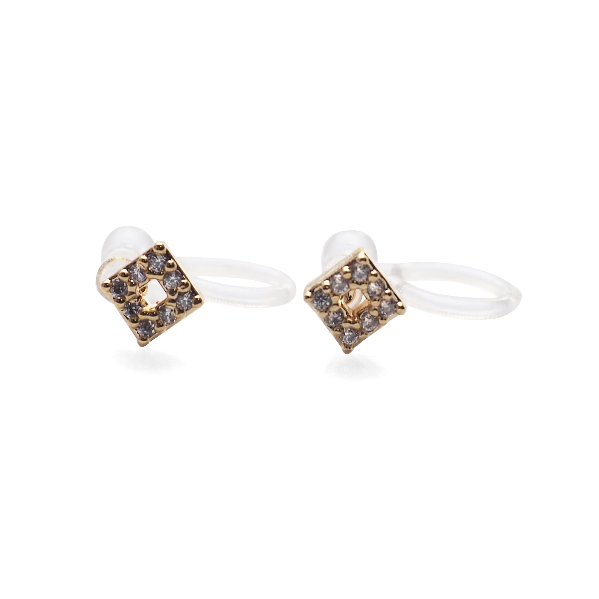 Square Cubic Zirconia Crystal Pave Invisible Clip On Stud Earrings ( Gold tone ) - Miyabi Grace