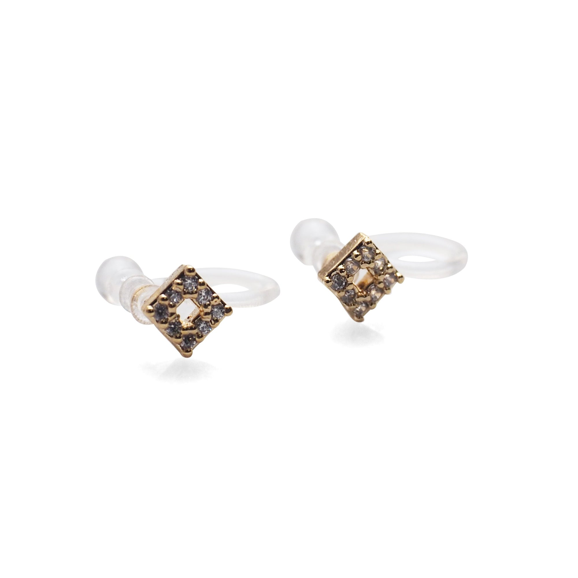 Square Cubic Zirconia Crystal Pave Invisible Clip On Stud Earrings ( Gold tone ) - Miyabi Grace