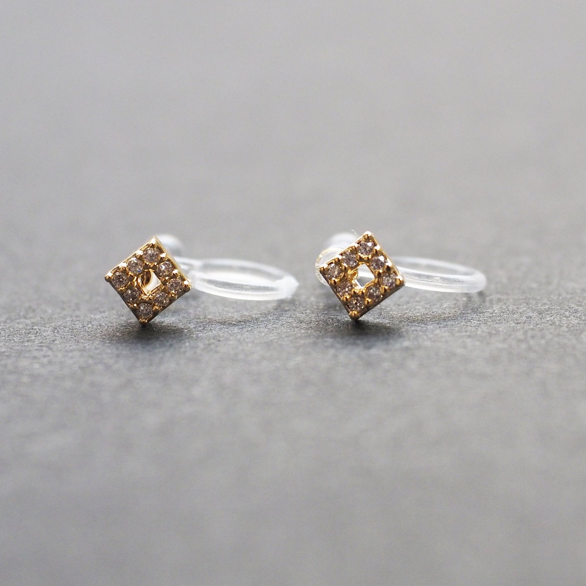 Square Cubic Zirconia Crystal Pave Invisible Clip On Stud Earrings ( Gold tone ) - Miyabi Grace