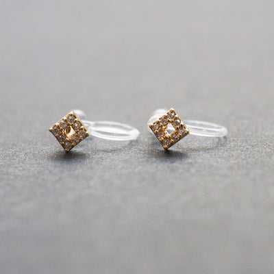 Square Cubic Zirconia Crystal Pave Invisible Clip On Stud Earrings ( Gold tone ) - Miyabi Grace