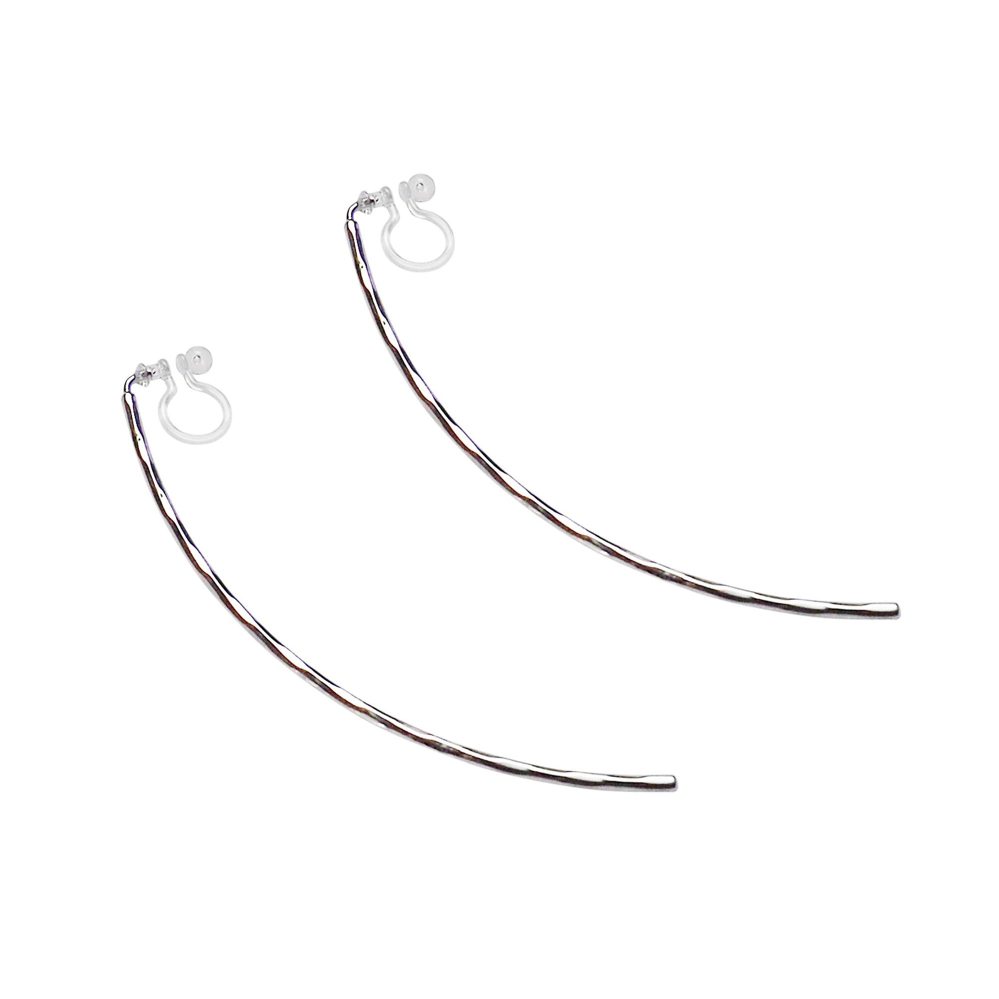 Silver Long Hammered Bar Invisible Clip On Stud Earrings