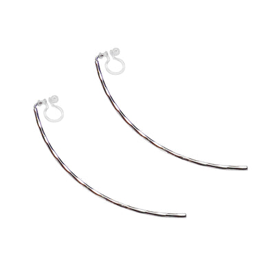 Silver Long Hammered Bar Invisible Clip On Stud Earrings