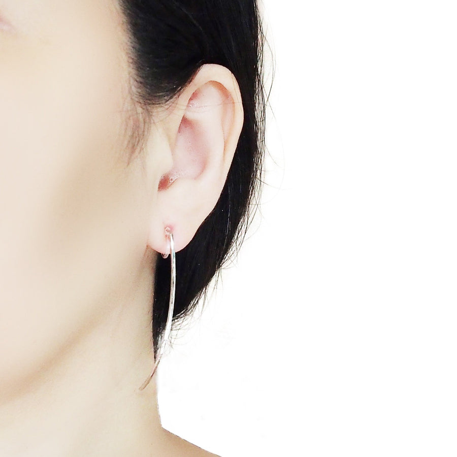 Silver Long Hammered Bar Invisible Clip On Stud Earrings