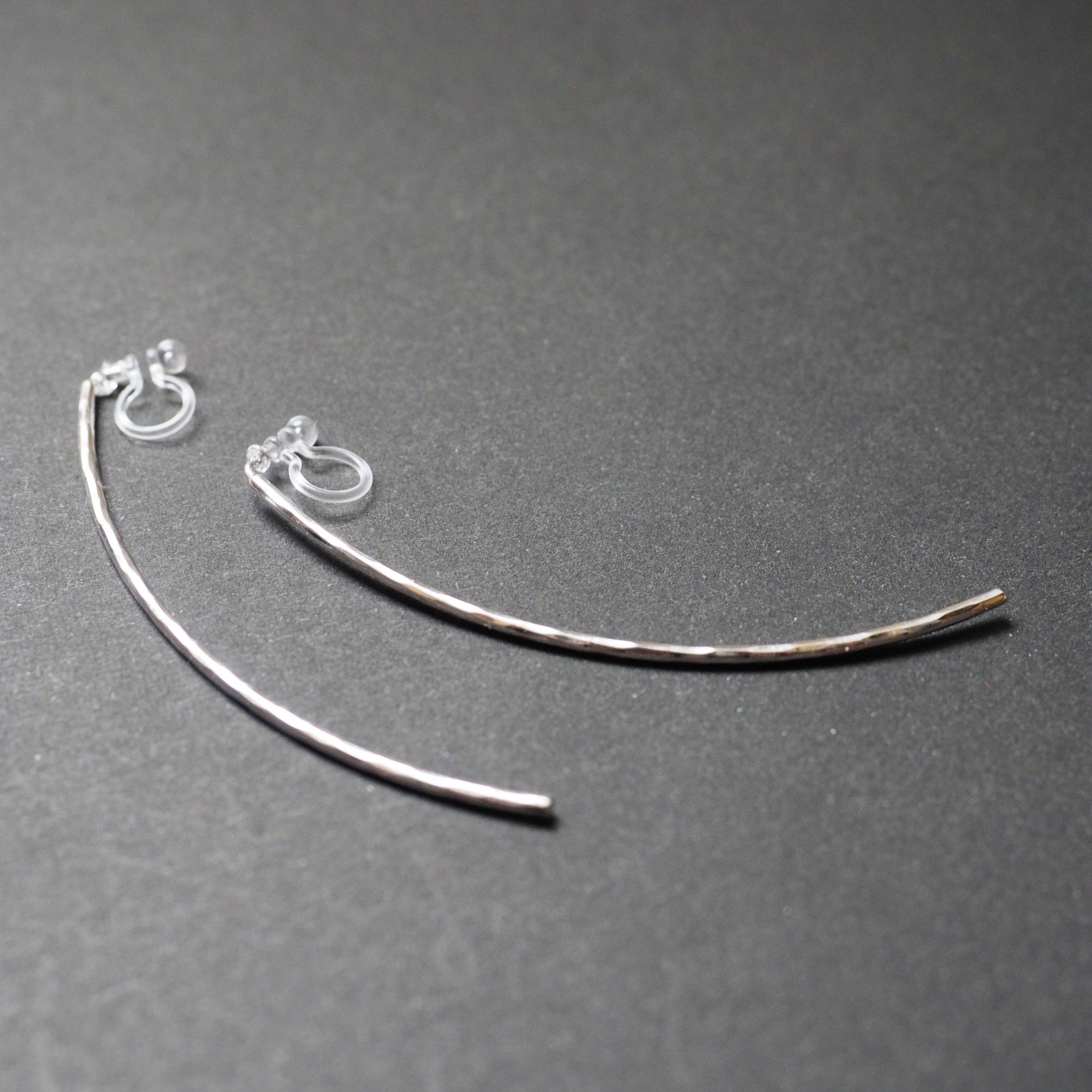 Silver Long Hammered Bar Invisible Clip On Stud Earrings