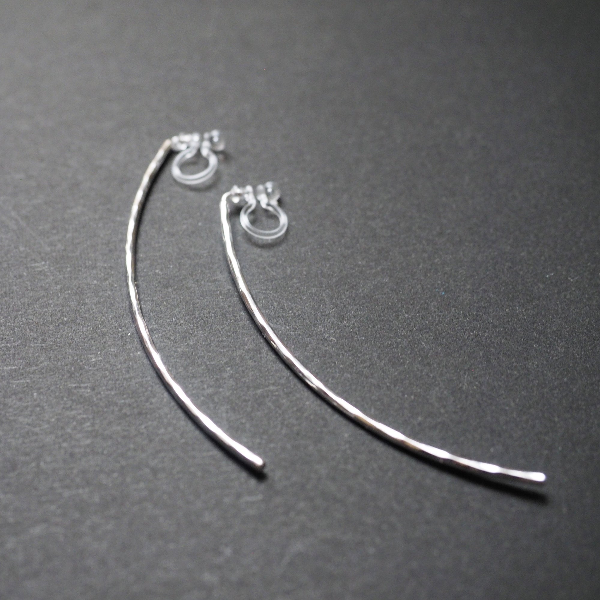 Silver Long Hammered Bar Invisible Clip On Stud Earrings