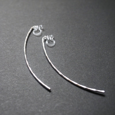 Silver Long Hammered Bar Invisible Clip On Stud Earrings