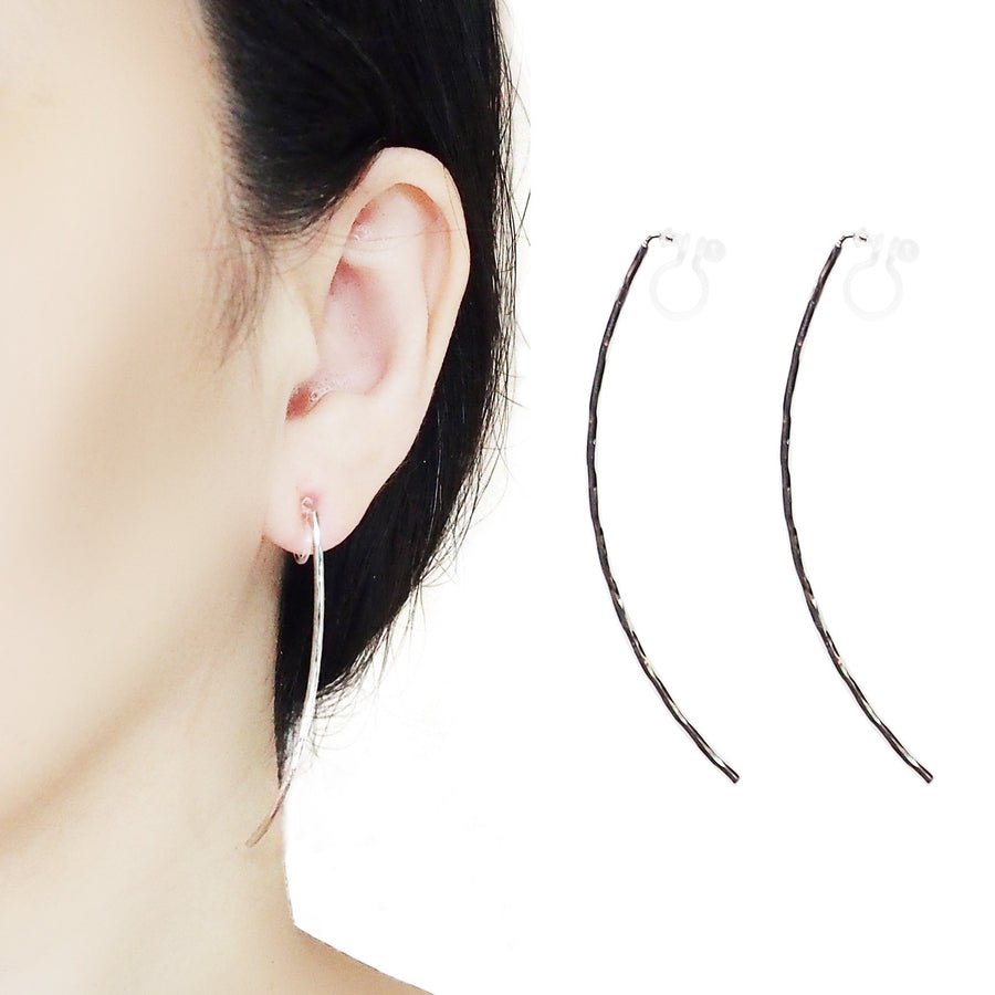 Silver Long Hammered Bar Invisible Clip On Stud Earrings