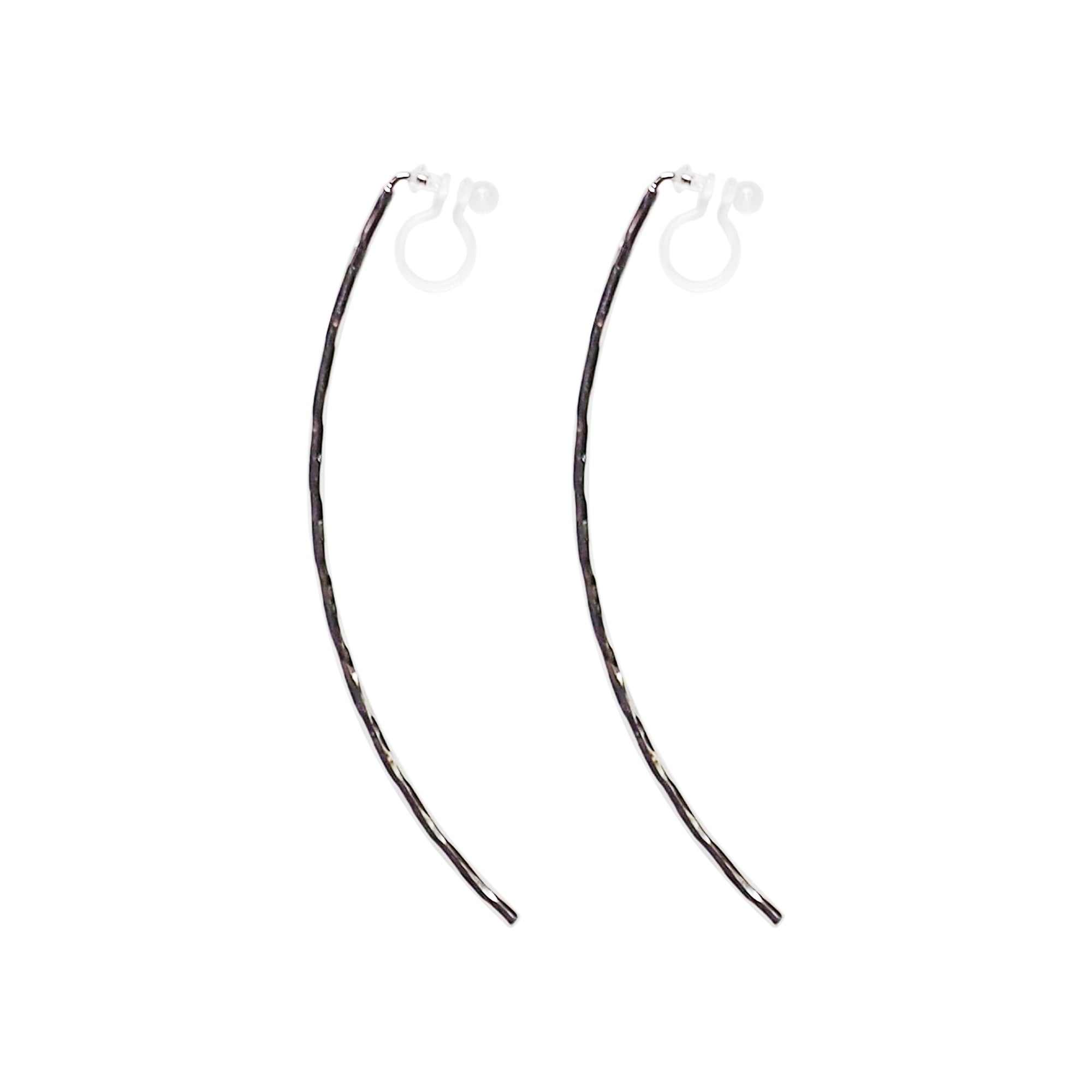 Silver Long Hammered Bar Invisible Clip On Stud Earrings