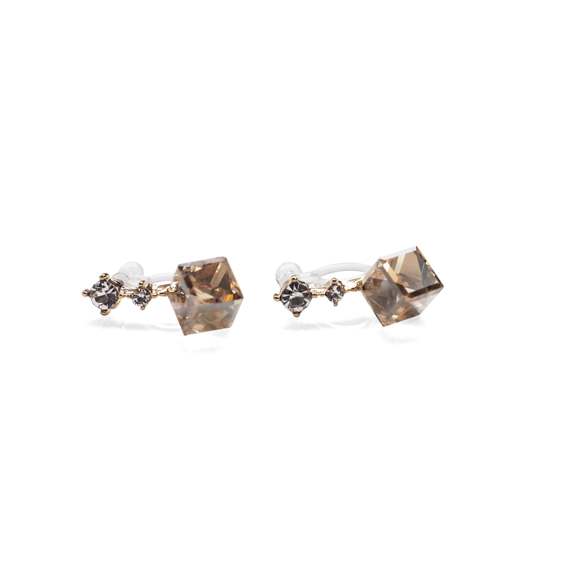 Swarovski Crystal Rhinestone Cube Invisible Clip On Stud Earrings ( Light Orange ) - Miyabi Grace