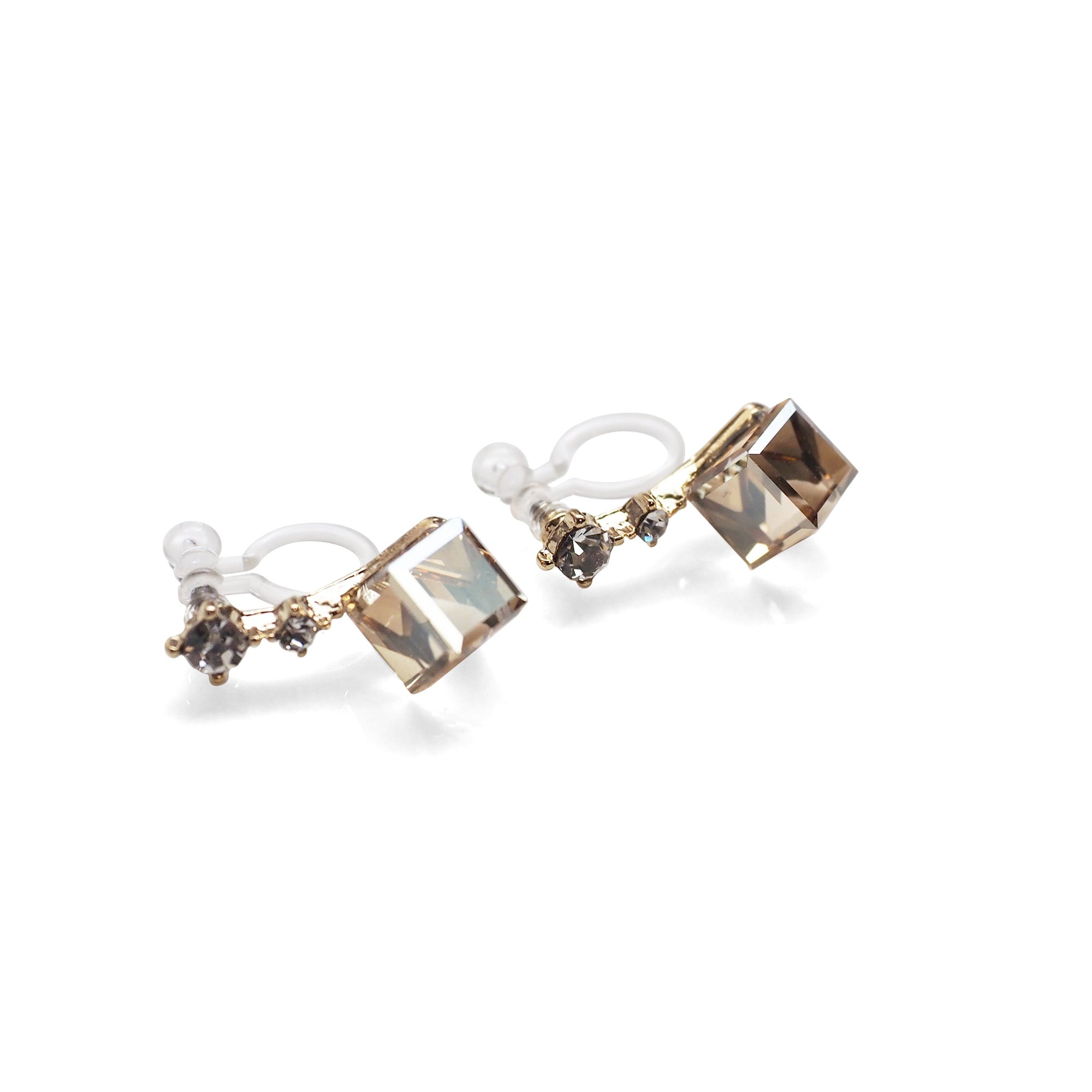 Swarovski Crystal Rhinestone Cube Invisible Clip On Stud Earrings ( Light Orange ) - Miyabi Grace