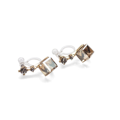 Swarovski Crystal Rhinestone Cube Invisible Clip On Stud Earrings ( Light Orange ) - Miyabi Grace